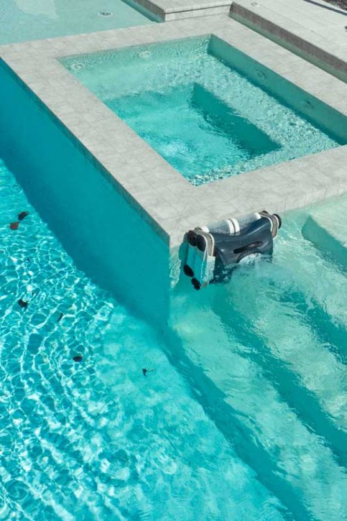 A robotic cleaner clung to a pool wall, cleaning waterlines and the pool wall.