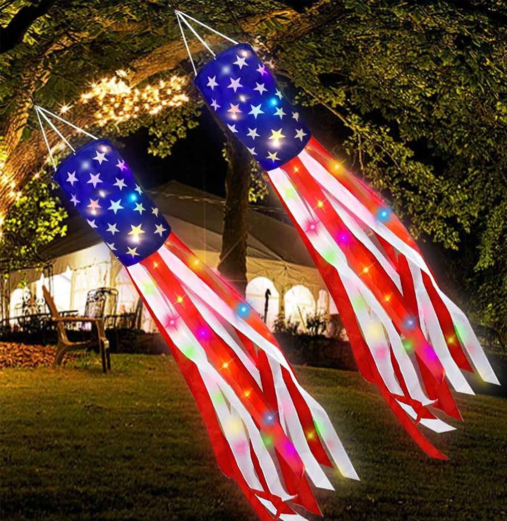 2 Pack American Flag Windsocks with String Lights