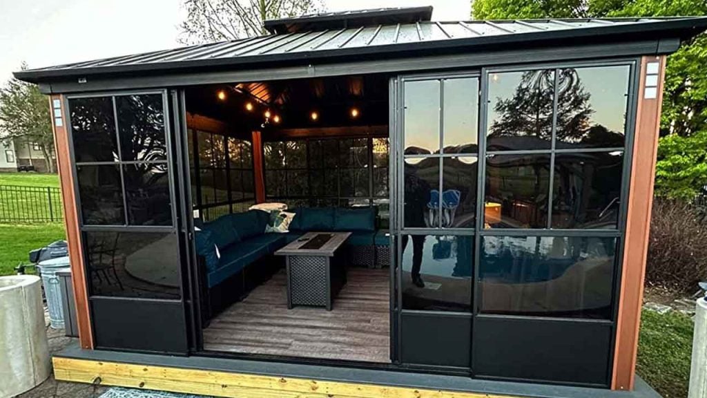 Some savvy home owners opt to use the Purple Leaf Gazebo as a dedicated pool house.