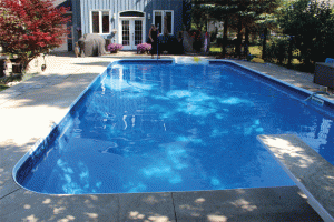 A serene backyard swimming pool surrounded by a concrete deck, lush landscaping, and a diving board, reflecting sunlight and blue sky on the water surface.