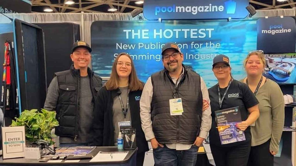 Dan Everton (left) manning the Pool Magazine booth at the PSP Deck Expo in Dallas, TX with the rest of the team, Alise Everton, Joe Trusty, Marianne Trusty, and Julie Hamlin.