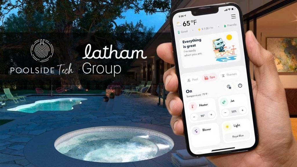 Picture at night of a pool and spa with the attendant app on a phone being held with the latham logo and poolside tech logo